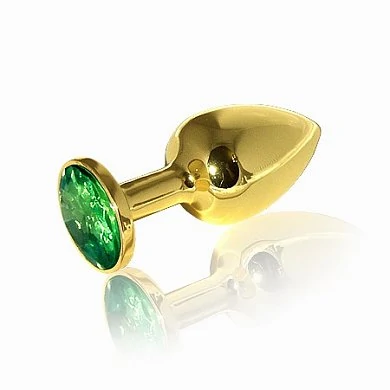 Золотая анальная пробка с шикарным зеленым стразом на основании