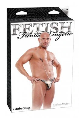 Стринги из металлических цепочек и спандекса с зажимами на соски, соединяющиеся с трусами. Размер: L
