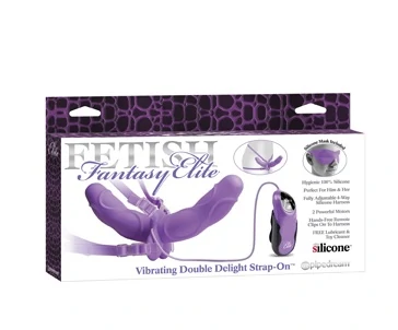 Фиолетовый двухсторонний страпон (с внутренним и внешним фаллоимитатором) с вибрацией. 